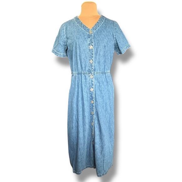 Vintage 90s Faded Glory Denim Button Front Midi Dress Short Sleeve Vneck Pockets - Picture 12 of 12